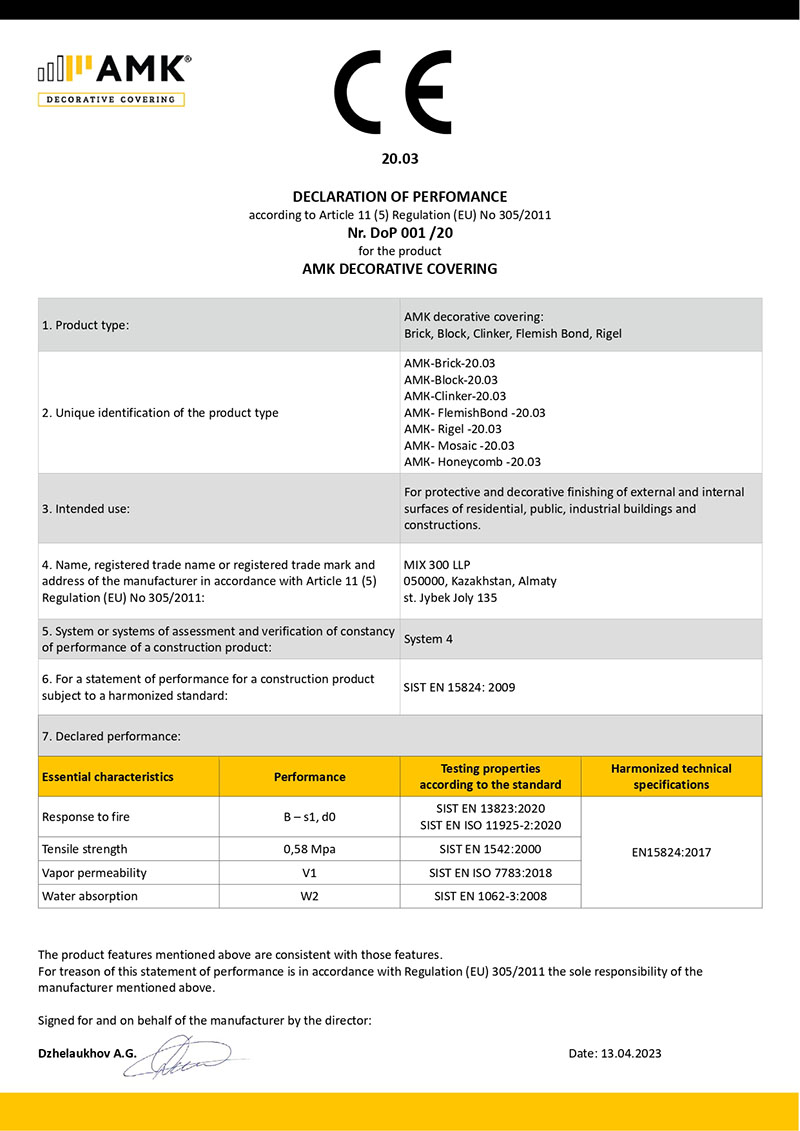AMK Declaration of performance CE