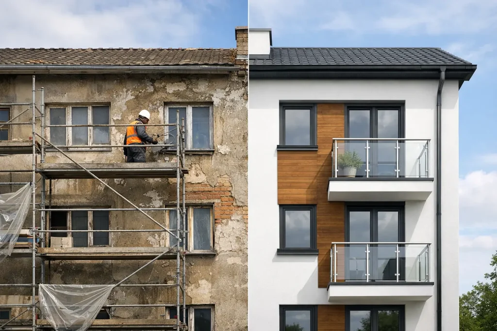 Fasādes renovācijas piemēri ēkas pārvērtībām